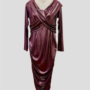 Gibiu Elegant Burgundy Metallic Shimmer Shiny Long Draped Dress Formal 1x-2x